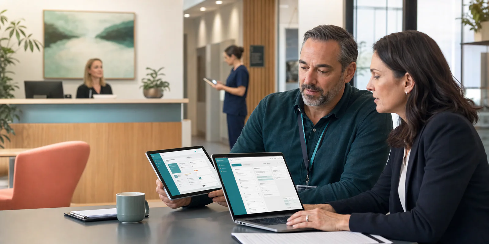 Care-service leaders reviewing a patient app and clinician portal